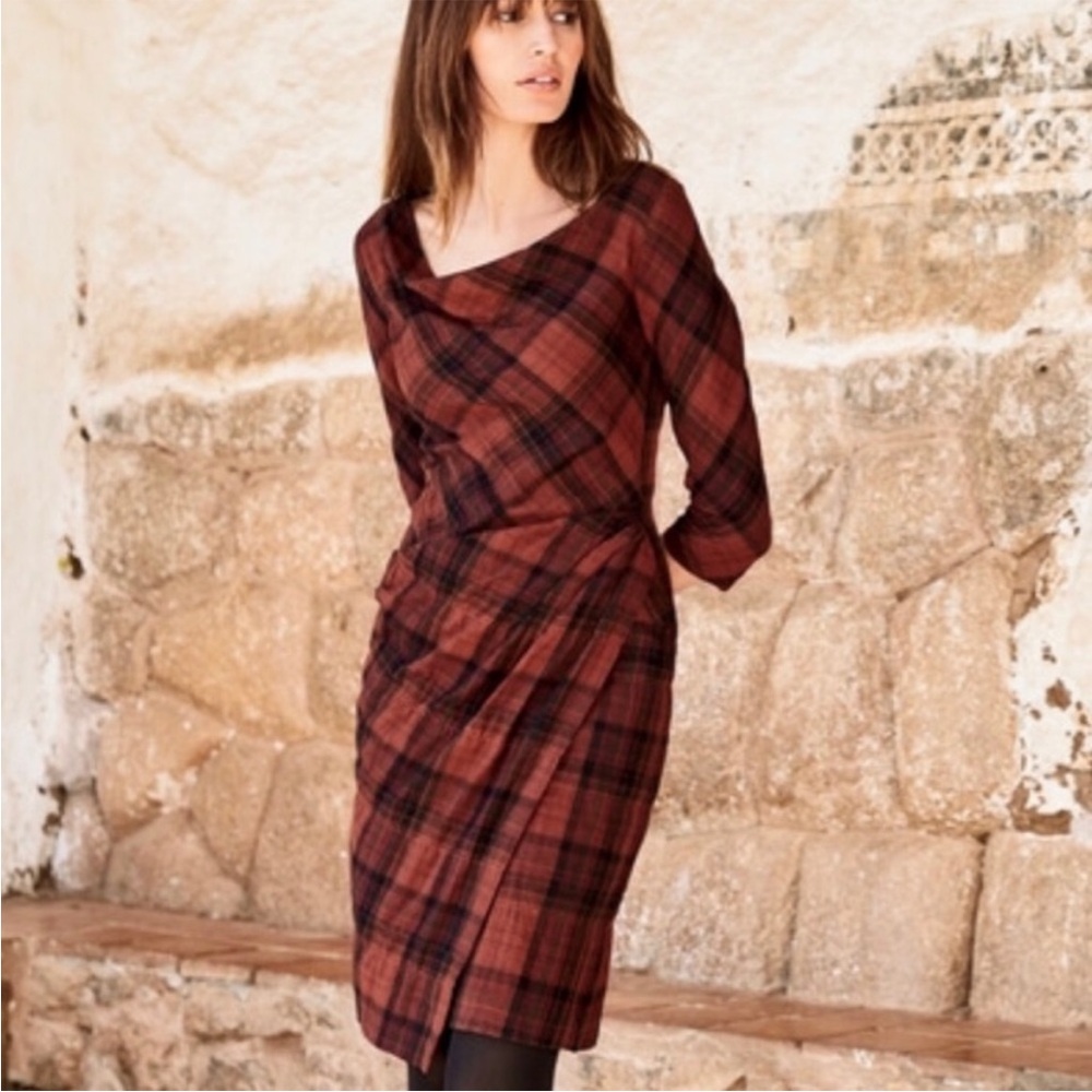 Peruvian Connection Rust Plaid 3/4 Sleeve Cowl Neck Asymmetrical Dress